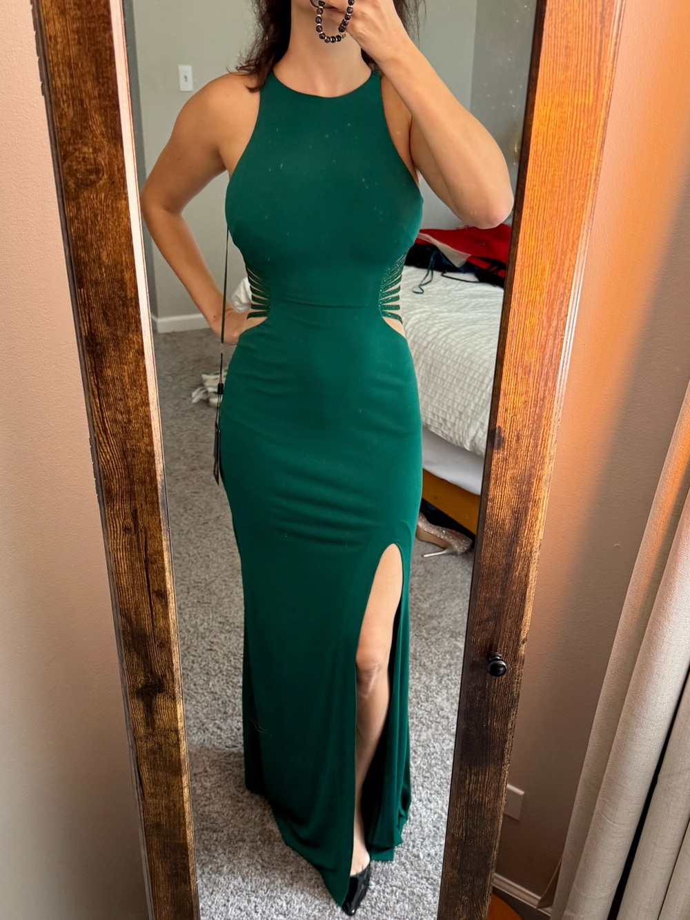 Abbi Vonn Forest Green Halter Evening Dress